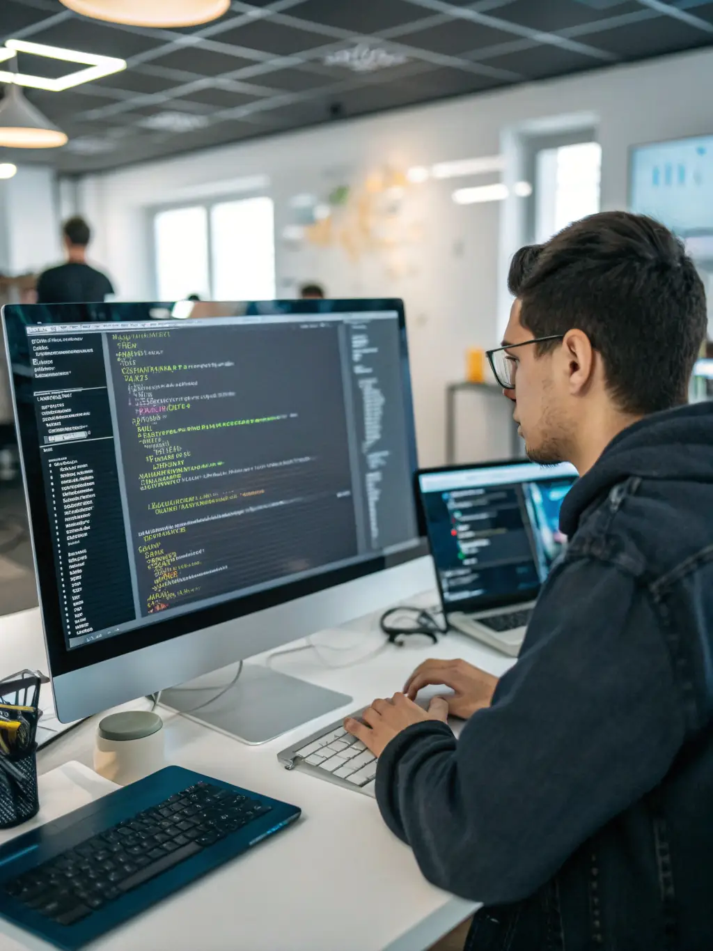 An image of a developer working on a complex AI algorithm, surrounded by data visualizations and code snippets.