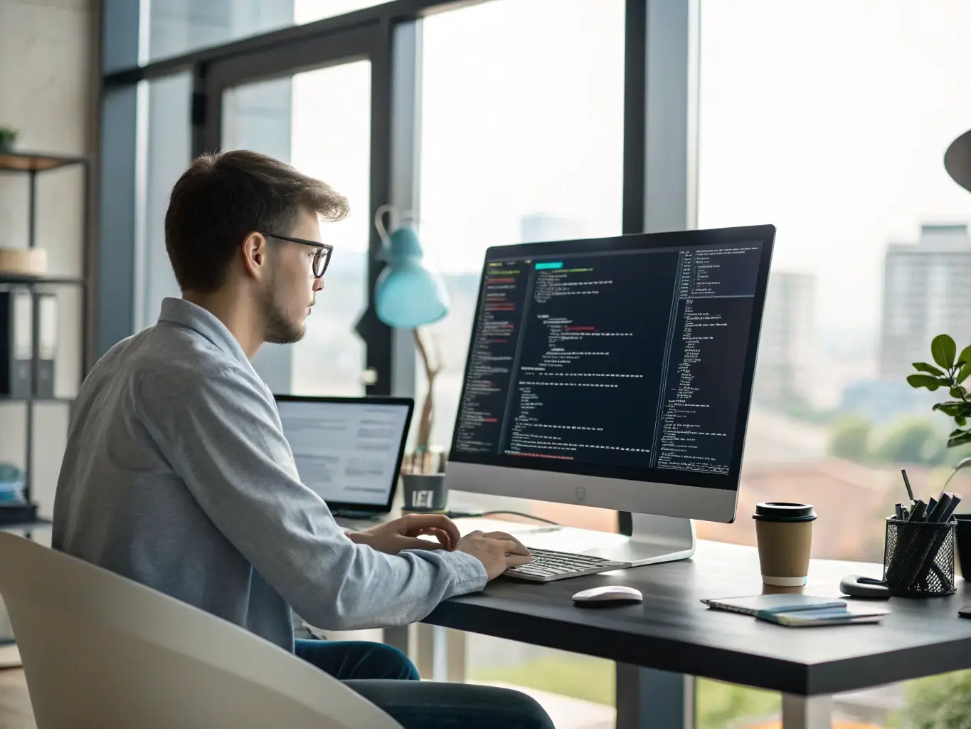 An image depicting a developer working on AI algorithms on a computer screen with code and data visualizations, representing Custom AI Development.