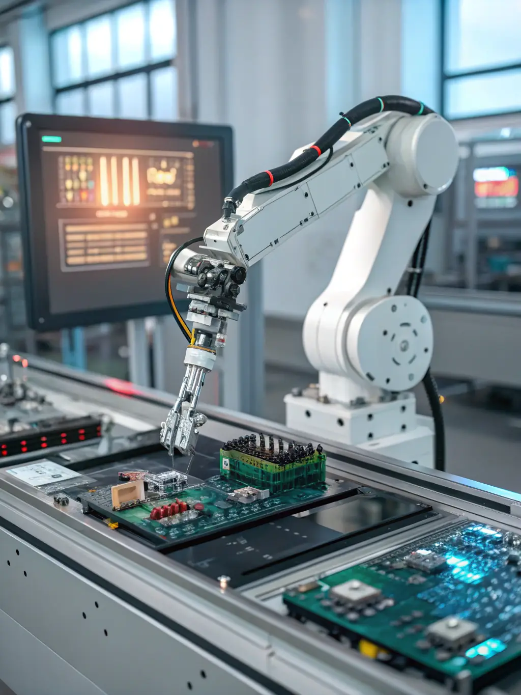 An image of an automated robotic arm working in a factory setting, symbolizing intelligent automation and increased productivity.