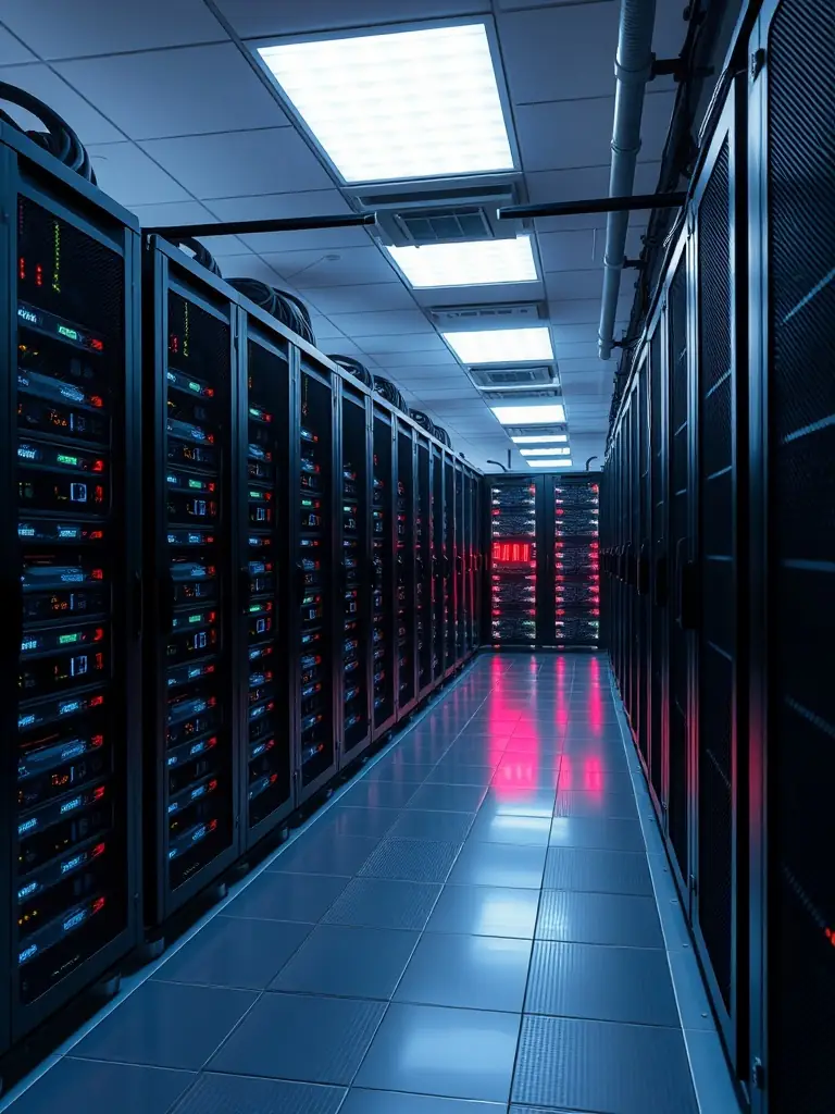 A professional photograph of a server room with blinking lights, symbolizing the AI Integration Platform's backend infrastructure.